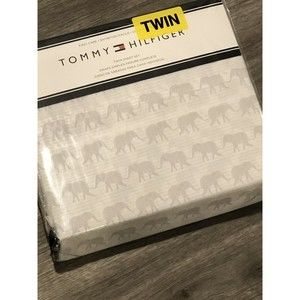 Tommy Hilfiger Walking Elephants Twin Sheet Set New Gray Stripes